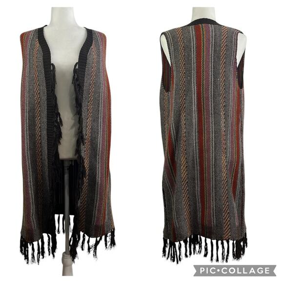Wrangler New Brown Striped Fringe Sweater Vest Open Front Long Line Cardigan S - Picture 1 of 14